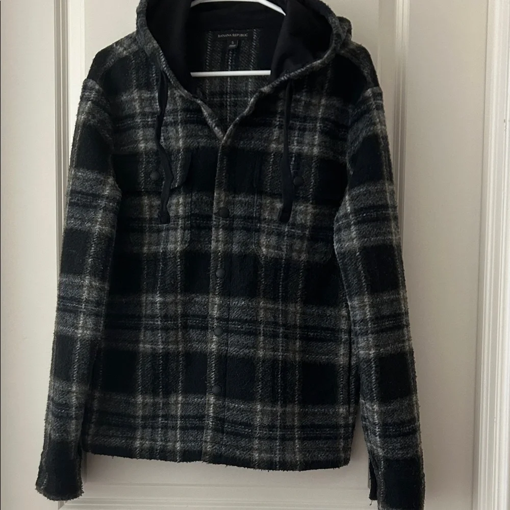 Banana Republic Plaid Hooded snap Jacket poly wool blend front pockets size S